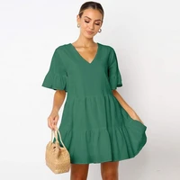 ruffles casual mini dress summer women v neck butterfly sleeve pleated dresses 2021 new sweet short sleeve dresses solid colors