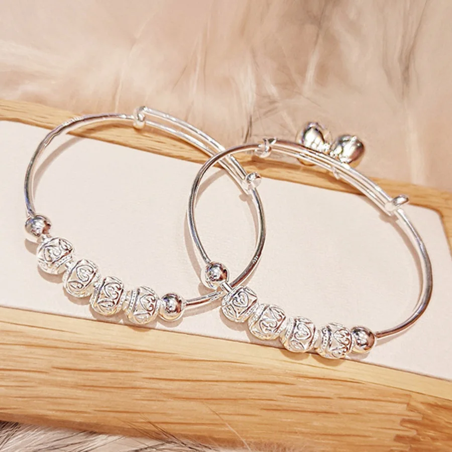 

Silver Color Lucky Beads Charm Cuff Bracelets Bangles For Women Elegant Cherry Blossom Bells Adjustable Bracelet Fashion Jewelry