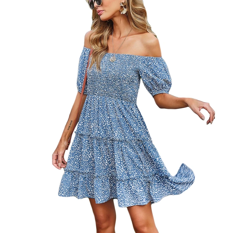 

New style Women Summer Short Puff Sleeve Sexy Off The Shoulder Mini Swing Dress Boho Floral Print Shirred Chest High Waist Flowy