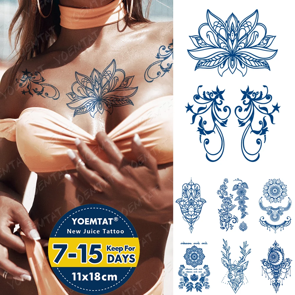 

Ink Juice Waterproof Temporary Tattoo Stickers Indian Henna Lotus Elk Body Art Transfer Fake Tato Men Women Lasting Blue Tattoos