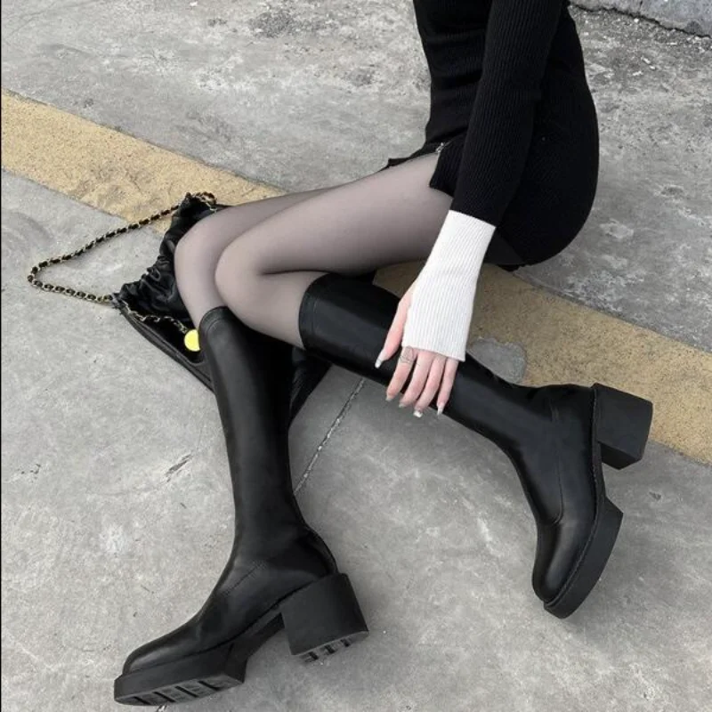 

New Women's Boots Fashion Square Toe Knee-length Boot Elastic And Comfortable Thick-soled Black Keep Warm Stretch Ladies Bootes