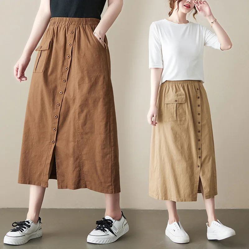 

Casual Retro Cotton and Linen Skirt Women's Long Section 2022 Summer New Style Literary Loose and Thin Slit A-line Long Skirt