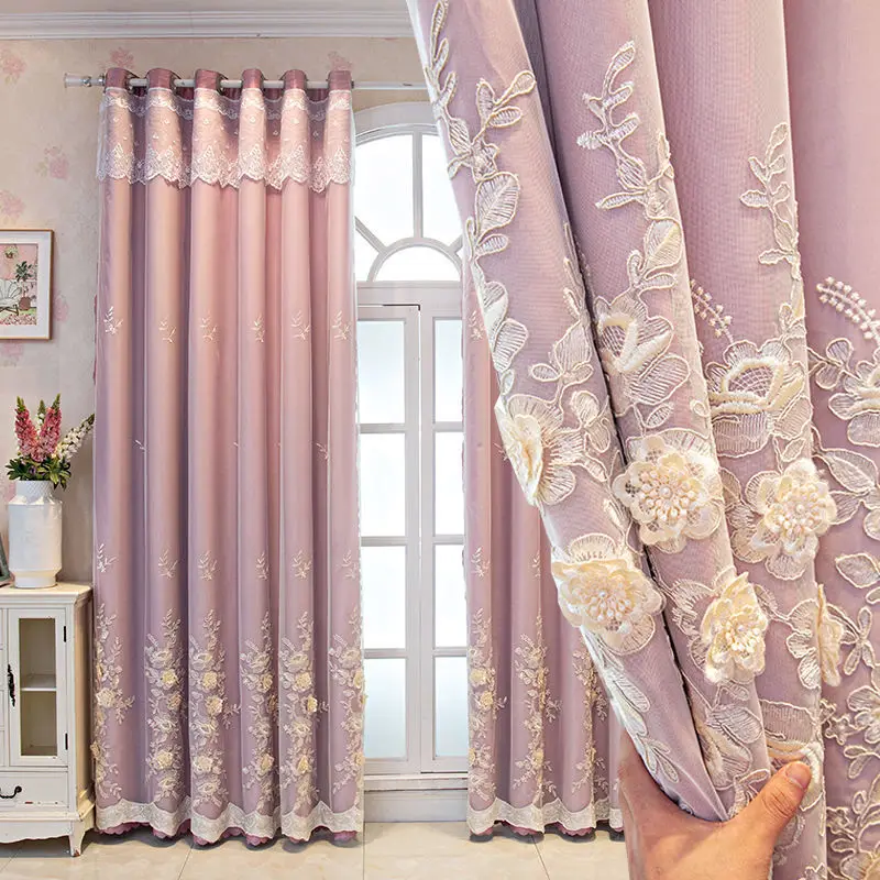 

European Embroidered Curtains for Living Room Bedroom Girls Cloth Yarn Blackout Tulle Bay Window for Married Home Double Open