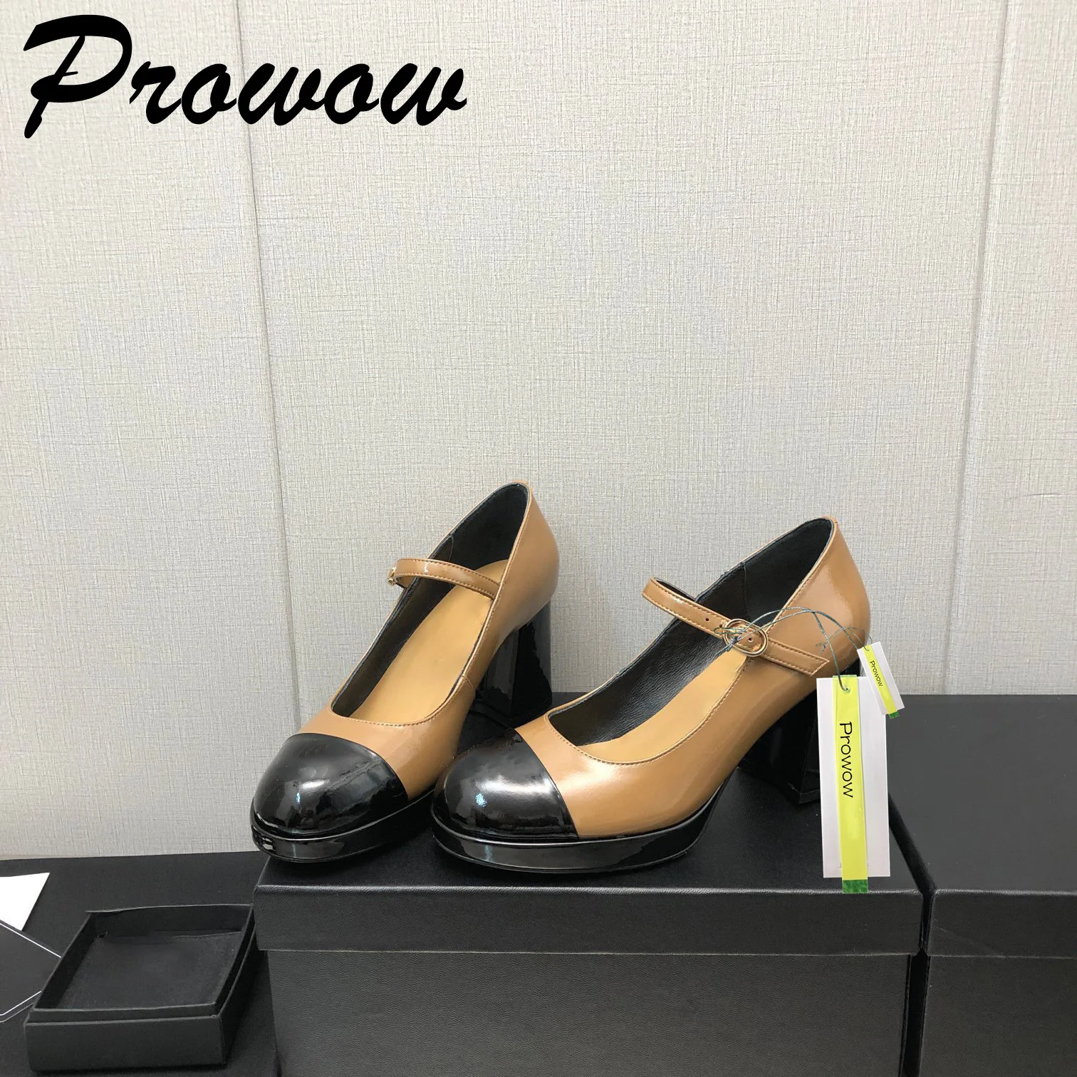 

Prowow New Genuine Leather Beige Mary Janes Pumps Round Toe Block Heel High Heel Pumps Shoes Women