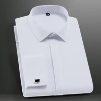 solid classic mens french cuffs dress shirt long sleeve covered placket formal business standard fit office work white shirts