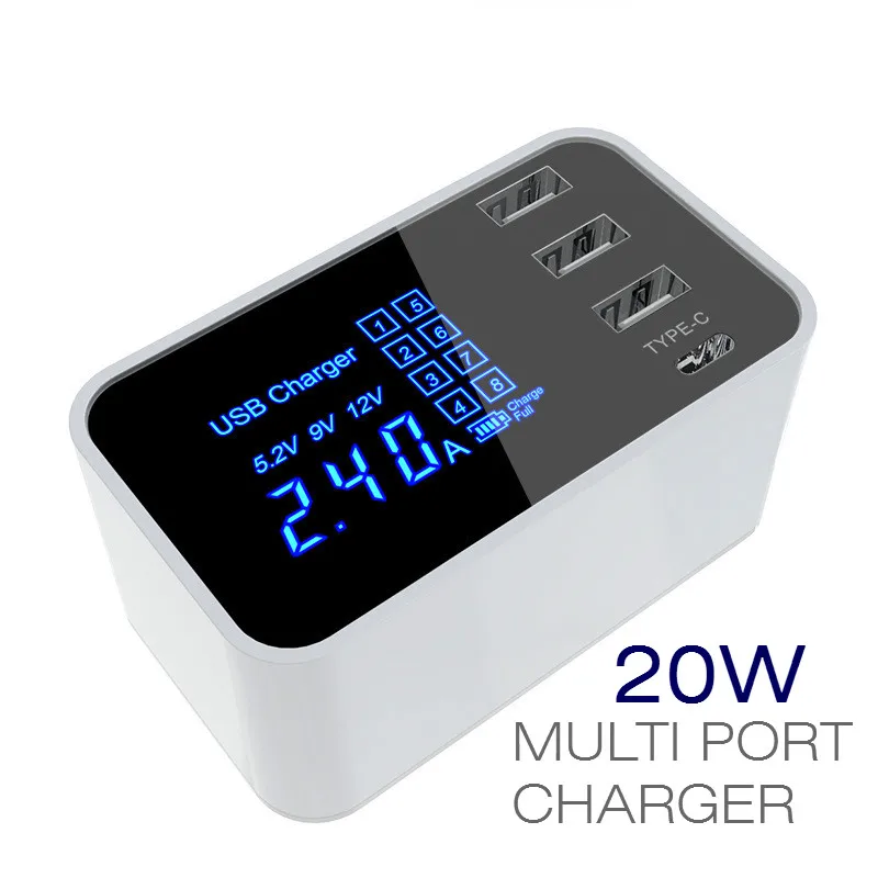 

Universal Tablet Charger Smart Display 4 Port Type-C Quick Charging 20W USB HUB Travel Adapter For Mobile IPhone Samsung Xiaomi