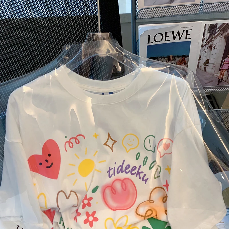 

College fashion girl lovely style flower print women's high quality cotton half sleeve loose T-shirt Harajuku street sweet Tops