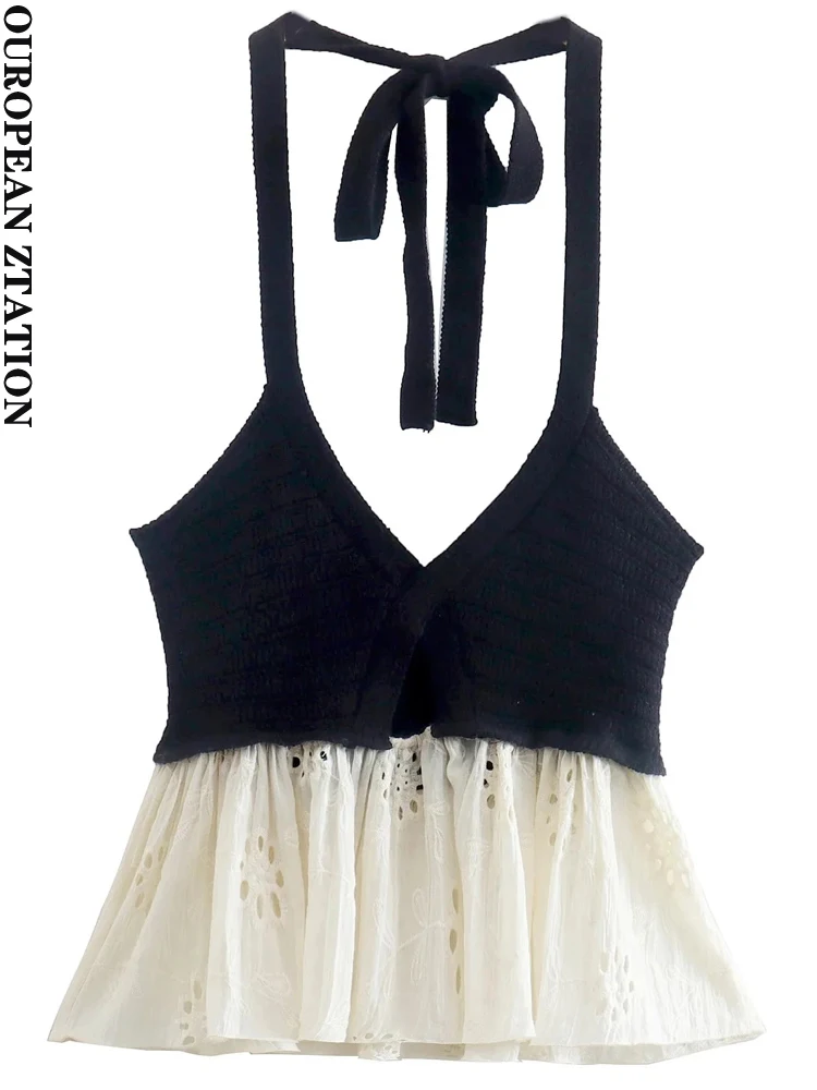 

PAILETE Women 2022 fashion cutwork embroidery patchwork knit crop tank tops vintage backless tied straps female camis mujer
