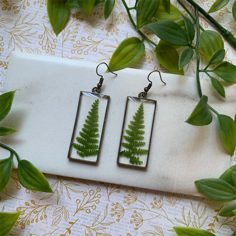 

Bronze Rectangle Leaf Earrings Real Dried Flowers Leaves Leaf Earrings Resin Earrings