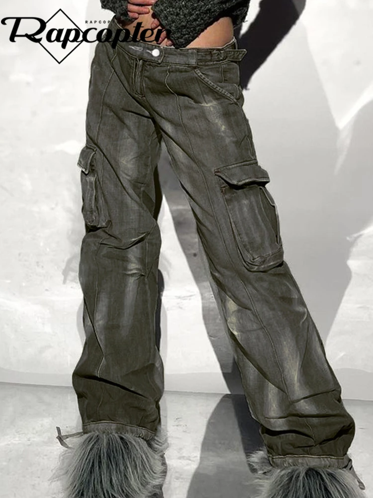 

Rapcopter Y2K Tie Dye Cargo Jeans Big Pockets Bandage Trousers Grey Vintage Streetwear Aesthetic Grunge Sweatpants Women Korean