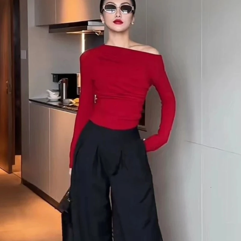 Тонкая простая одежда 2024 с открытыми плечами Хлопковая женская футболка Топ для