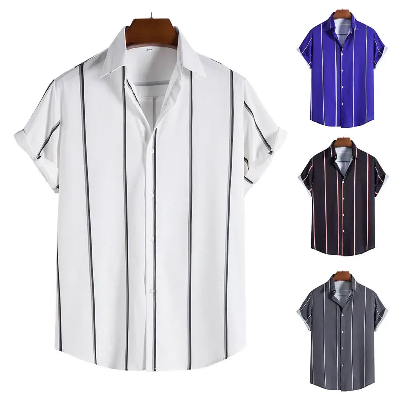 

2022 New Men's Casual Shirts Fashion Solid Color Striped Hawaiian Beach Shirts