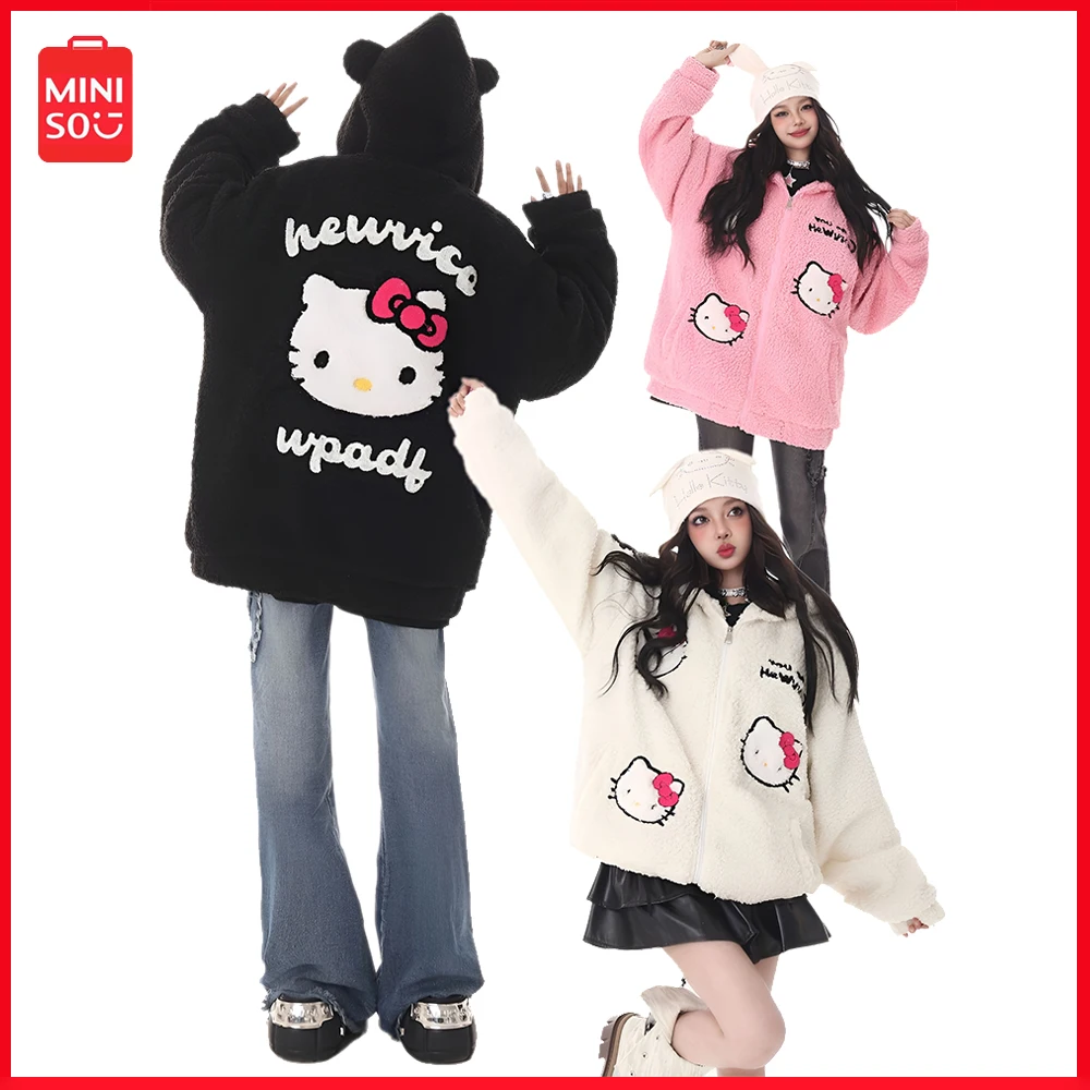 

Miniso Inverno Novo Sanrio Hello Kitty Capuz Com Fecho Para Mulher Y2K Camisola De Pelucia Cardigan Manga Comprida Agasalho Cute