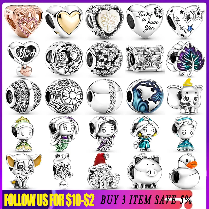 

925 Sterling Silver Family Terr Heart Princess Crown Leaf Duck Pig Beads Fit Original Pandora Charm Bracelet Women Diy Jewelry