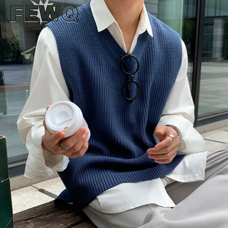 

FEWQ Korean Style Fashion Chic Solid Color Knitting Pullovers Top Men's Autumn 2023 New Loose V-neck Sleeveless Vests Male Tide