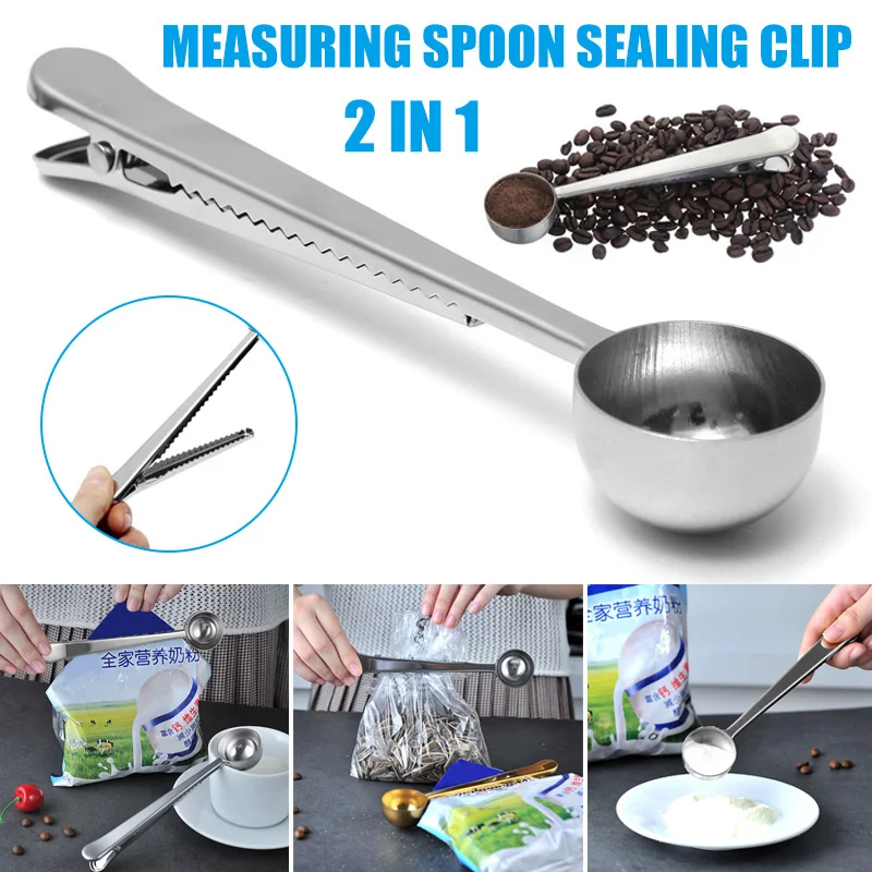 

2-in-1 Stainless Steel Coffee Scoop Clip Multifunction Measuring Spoon Food Milk Powder Snack Sealed Clips Kitchen Accessories