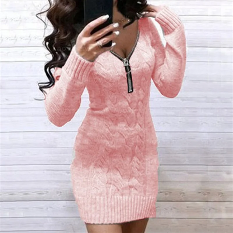 

Fashion Ladies Autumn Zip Up Sweater Dress Female Bodycon Long Sleeve Knitted Sweaters Slim Mini Dresses Warm Casual Clothes