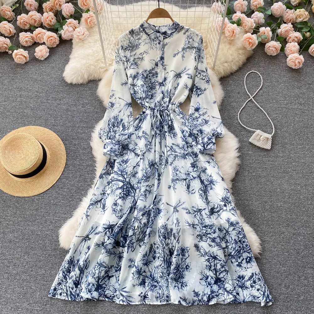 

2022 New Spring Summer Stand Ink Print Lace Up Slim Full Mid Calf Shirt Dresses for Women