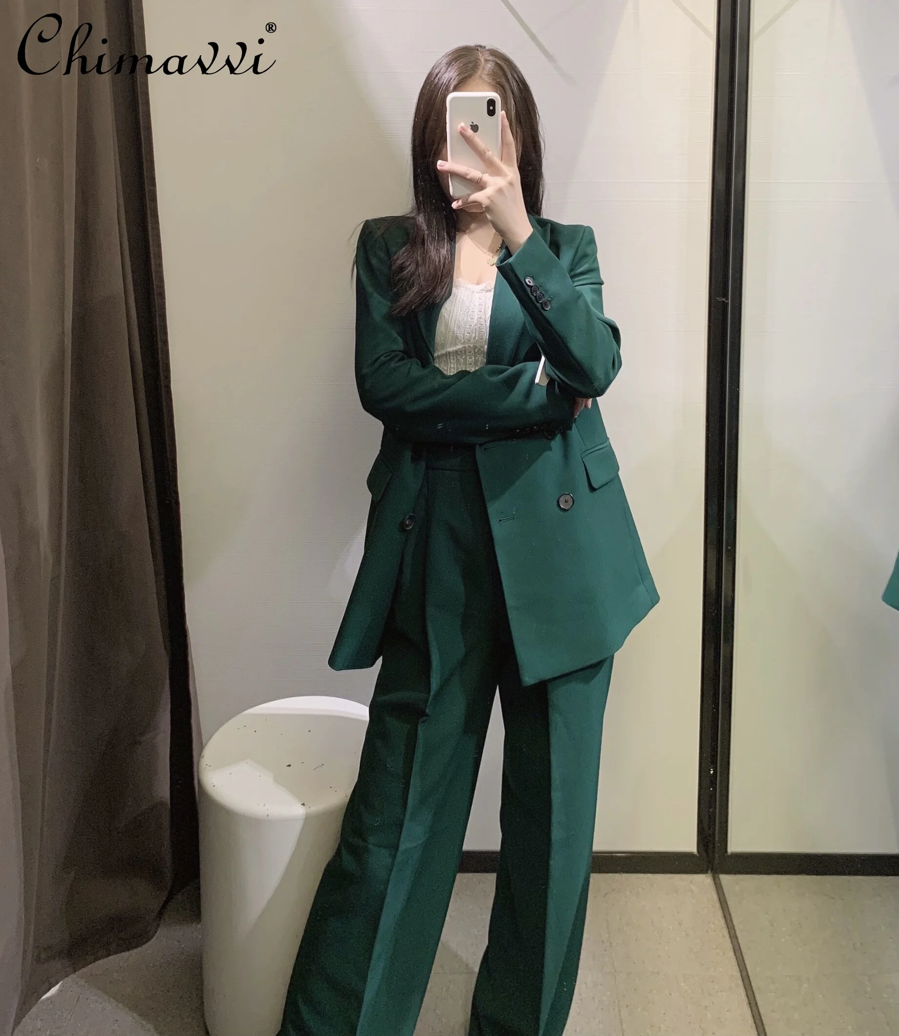 

Women Spring and Autumn Double Breasted Slim Green Blazers High Waist Wide Leg Suit Pants Two Pieces Pant Set Ladies Outfits