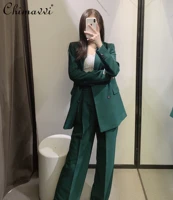 women spring and autumn double breasted slim green blazers high waist wide leg suit pants two pieces pant set ladies outfits