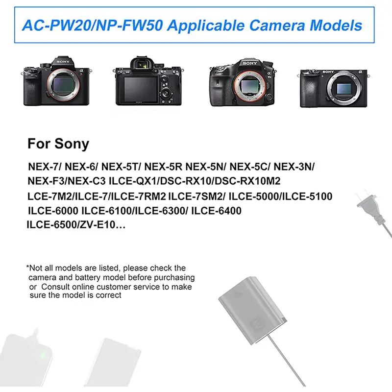NP-FW50 Camera Dummy Battery DC Coupler for Sony ZV-E10 Alpha a7, a7R II, a7m2, a7S, a5000, a5100, a6000, a6300 RX10 NEX3/5/6/7 images - 6