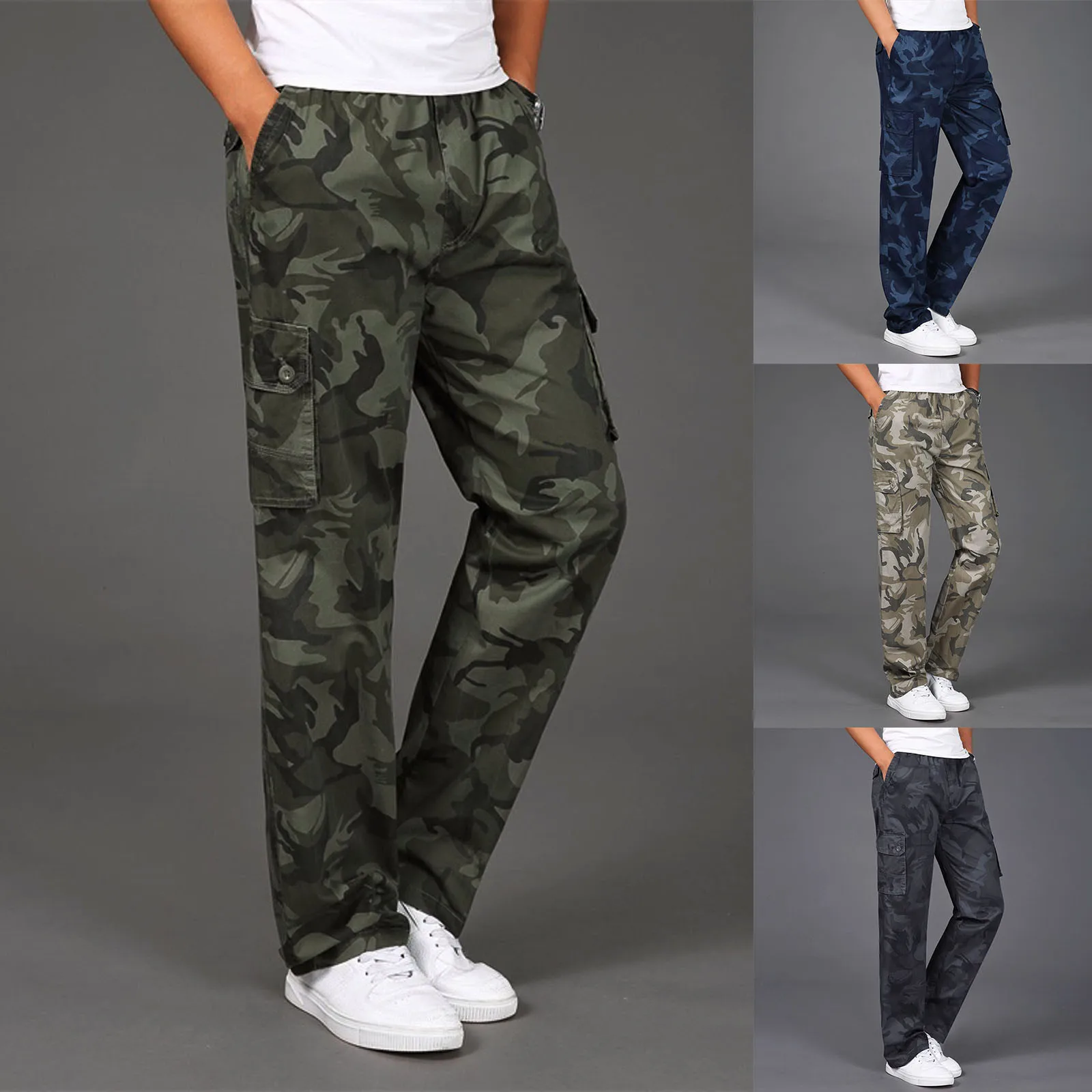 

Mens Fashion Casual Loose Cotton Pocket Lace Up Camouflage Elastic Waist Pants Trousers Overall