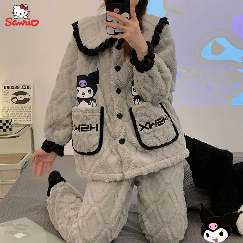 

Kawaii Sanrio Kuromi Пижамный Костюм Аниме мальчиков девочек осень зима утепленная Флисовая теплая пижама брюки Повседневная Домашняя одежда костю...