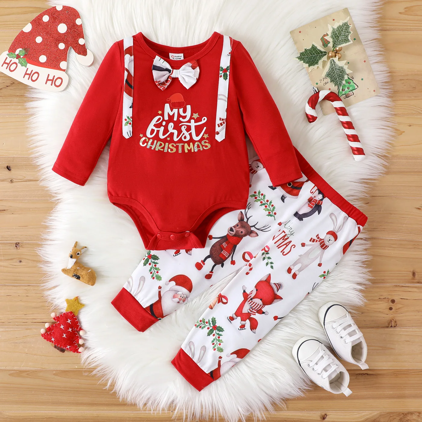 

PatPat Christmas Newborn Baby Boy Clothes Overalls Long-sleeve Letter Graphic Gentleman Romper and Allover Print Pants Set