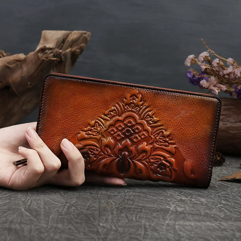 Women Wallet Retro Genuine Leather Purse Vintage Ladies Chinese Style Flowers Embossed Card Holder Female Luxury Clutch Bag Gift