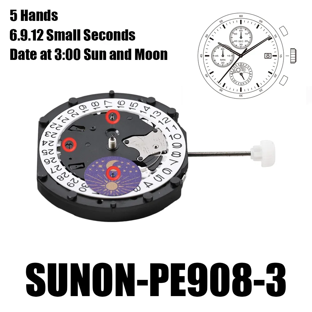 Механизм PE908 Sunon PE908-1 Mov Milf Sun and Moon 5 стрелок 6 9 12 дата малых секунд на 3:00