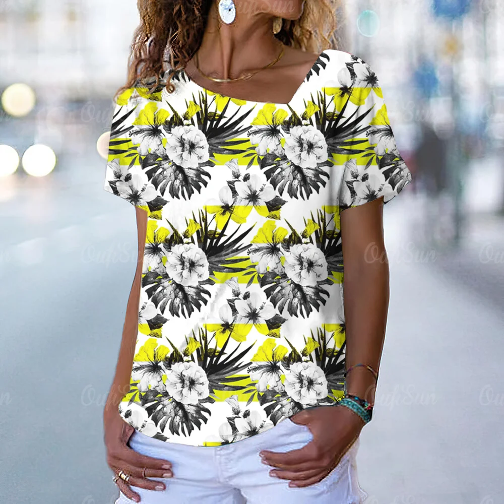 

Vintage Women T-Shirt Flower Printed Plaid Patchwork Pattern Chic Irregular Neck Short Sleeve Streetwear Holiday Women Clothes