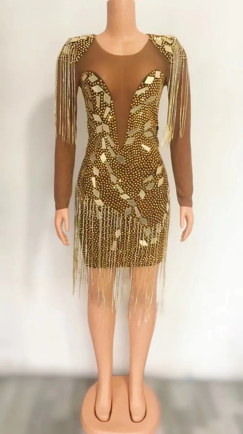 

Shinng Mirrors Rhinestones Chains Mesh Dress Transparent Birthday Party Celebrate Fringes Costume Performance Dance Outfit