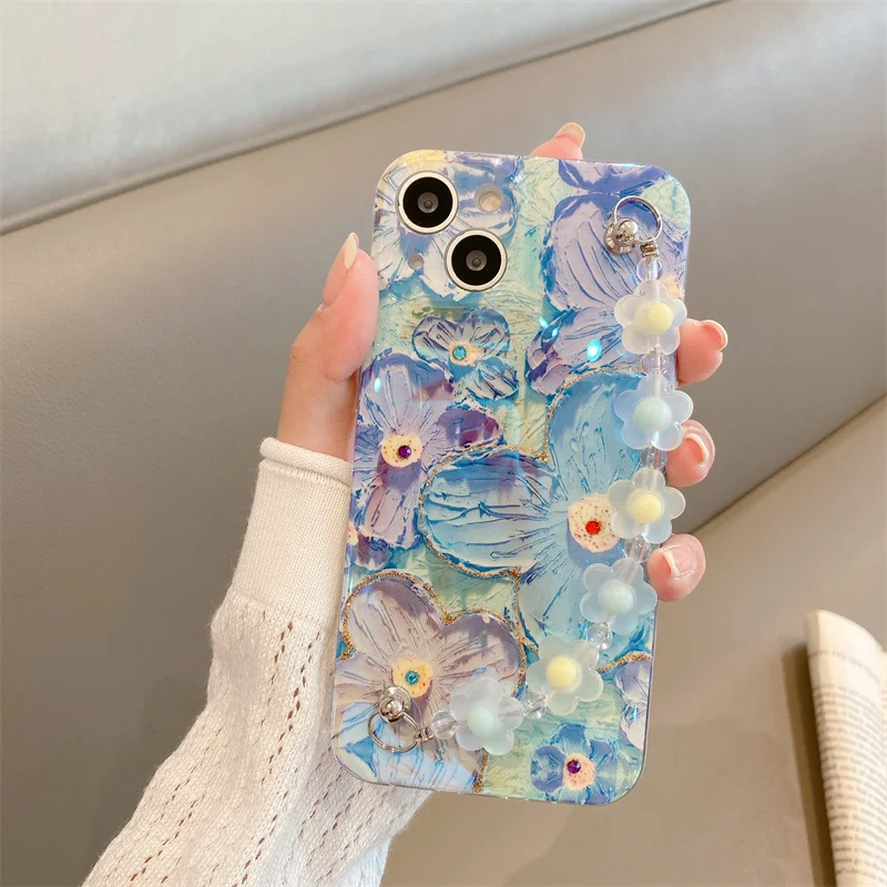 

Flowers Bracelet Case For OPPO A9 2020 A74 Reno 7 8 Pro A36 A96 A76 A16 Flowers Blu-ray Cover For Realme C21Y C35 9i 5G C30 C30S