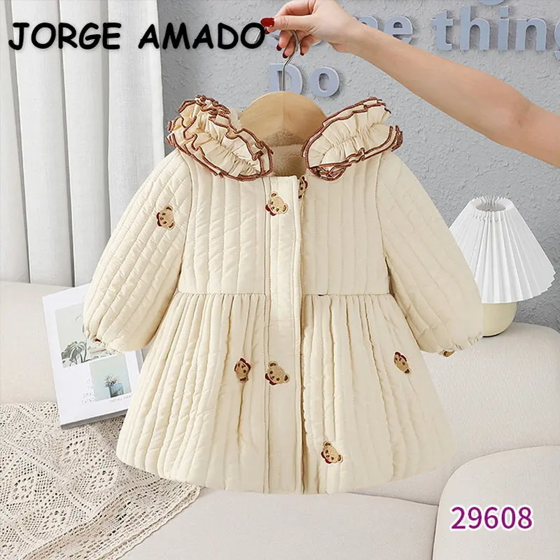 

New Winter Kids Girl Coat Long Sleeves Cartoon Bear Embroidery Hooded Thick Fleece Jacket Kids Outwear Child Clothing E9608