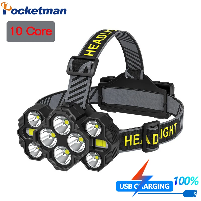 

Powerful 10 Core Headlamp 8 Modes USB Rechageable Headlight Taillight with 2 Red Warining Light modes 90° Adjust Elastic Cord
