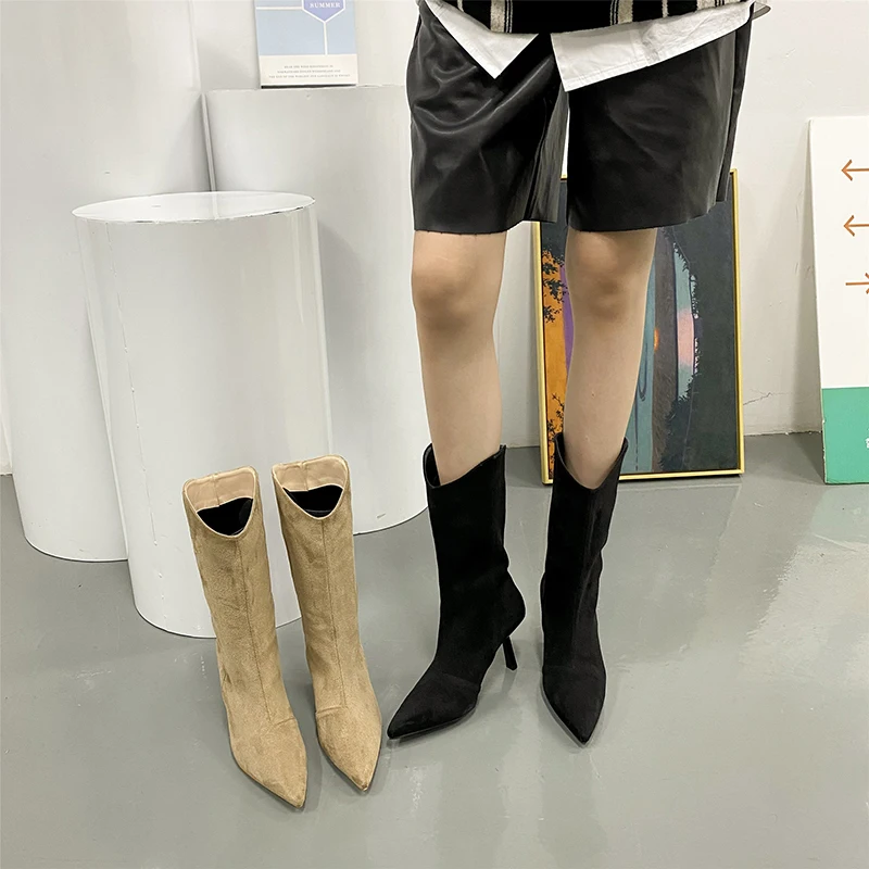 

Pointed Toe Women Mid Calf Booties Black Beige Flcok Thin High Heels Chelsea Boots Woman 2022 New Arrivals Winter Boots Woman