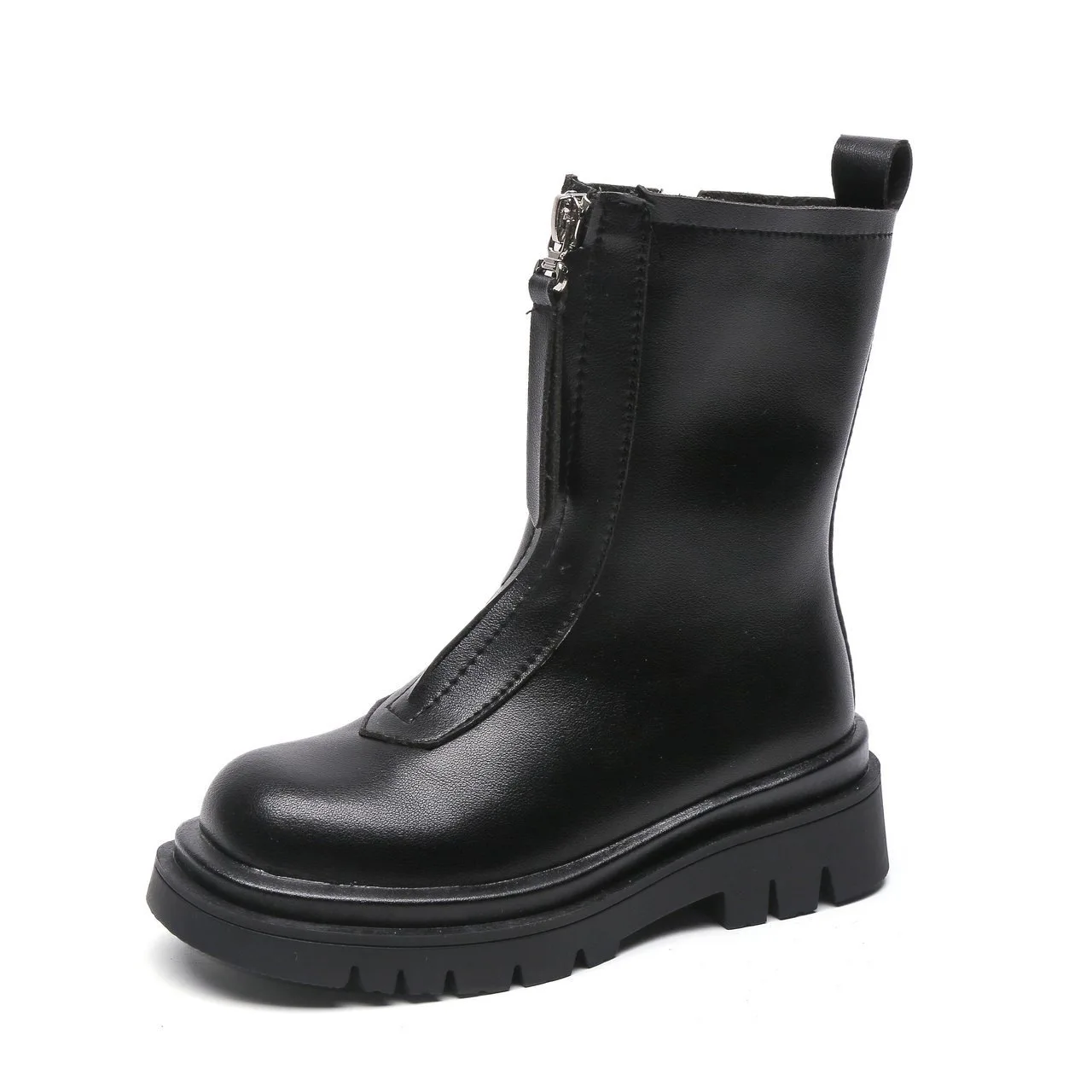 Kids Long Boots Fashion Designer Black Pu Leather Boys Girls Autumn Boot Front Zipper Mid-calf Chic Children Winter Flat Shoes