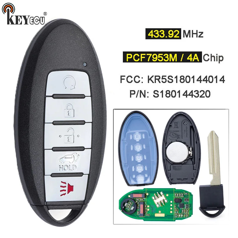 

KEYECU 433,92 МГц PCF7953M 4A чип KR5S180144014 ,S180144320 Keykess-Go дистанционный брелок 3 + 1 4 кнопки для Infiniti QX60 2016-2018