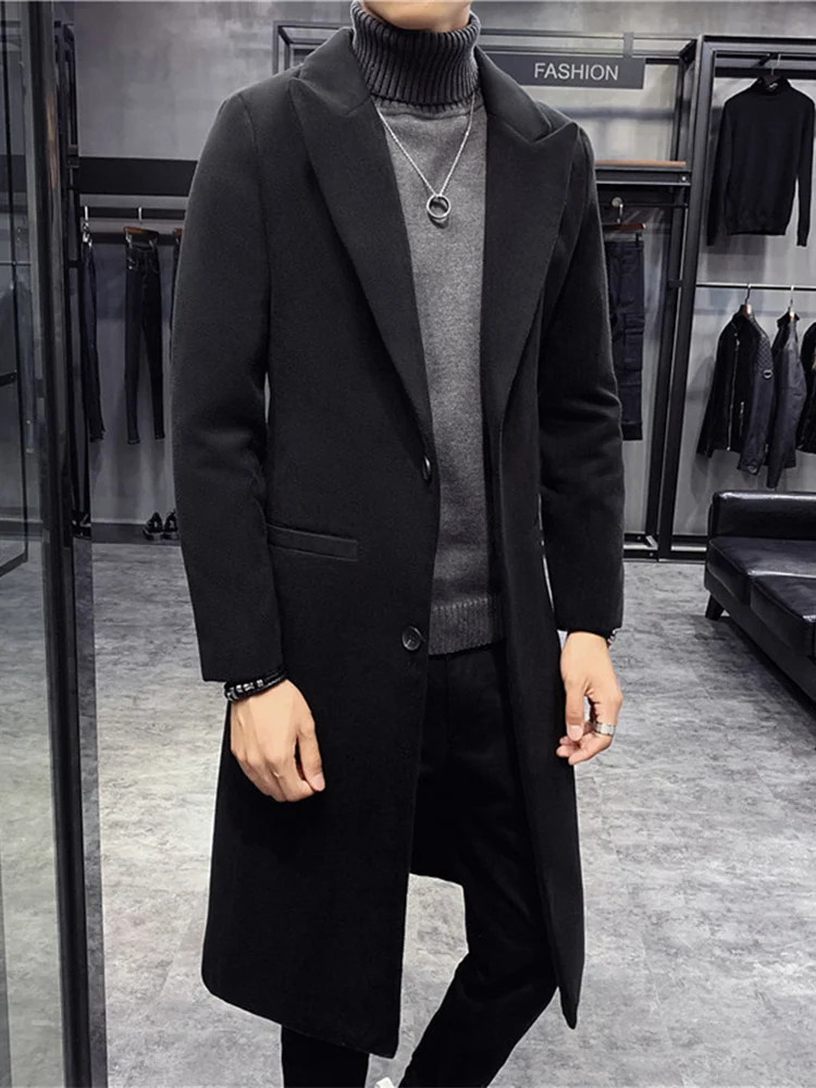 

Мужское осенне-зимнее деловое повседневное приталенное Однотонное шерстяное пальто выше колена средней длины однобортное удобное
