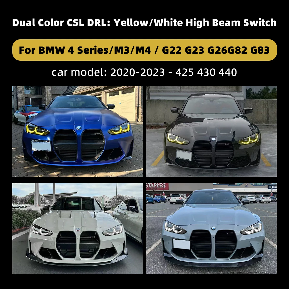 Фото Для BMW 4 серии M3 M4 G22 G23 G26 G80 G82 G83 2020-2023 Двухцветные ДХО CSL (желтый/белый) с функцией дальнего света, Plug and Play №3