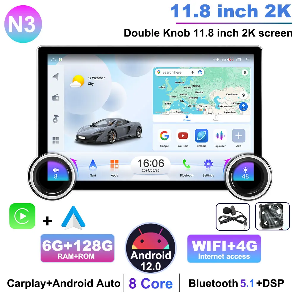 

KNOWRO 2Din 11,8 дюйма 2K 2000*1200 Android 12 автомобильный универсальный мультимедийный плеер с Android Auto GPS-навигацией Carplay двойная ручка