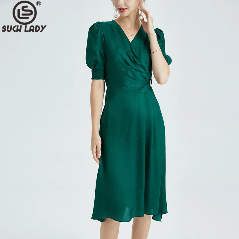 100% Natural Silk Dress V Neck Short Sleeves Elastic Waist Ruched Elegant Fashion Summer Vestidos
