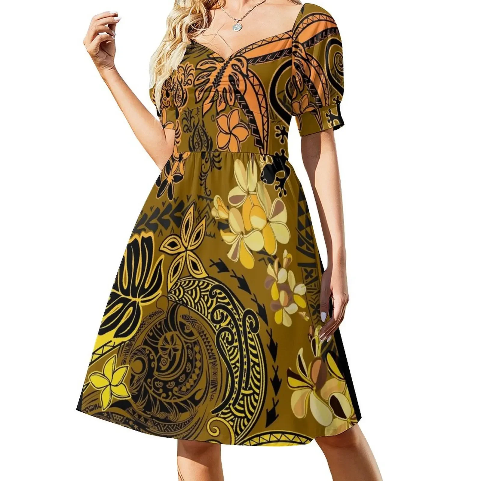 Golden Maui Sunset Hawaiian - Самоанское платье без рукавов с дизайном в джунглях свободное