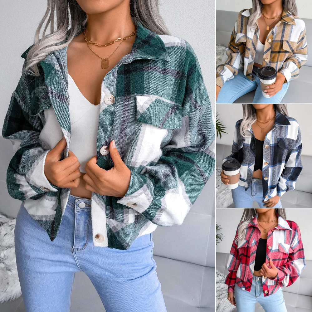

Autumn Winter Lattice Lanterns Sleeved Tweed Jacket Women's Wide-waisted Lapel Check Jacket Loose Casual Color Contrast Jackets