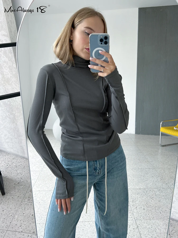 

Mnealways18 Turtleneck Jersey Bodycon T-Shirt Women Frill Long Sleeve Basic Tops Winter 2022 Female Inner Tee Street Style Solid
