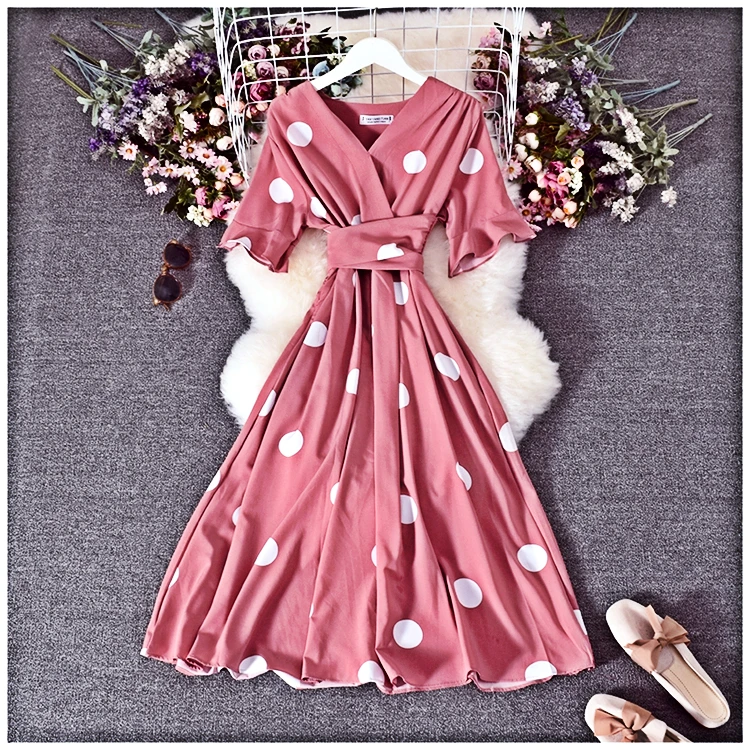 

2022 Women's polka top dot long elegant French retro V-neck dress waist slim dress women's dress fashion party dress