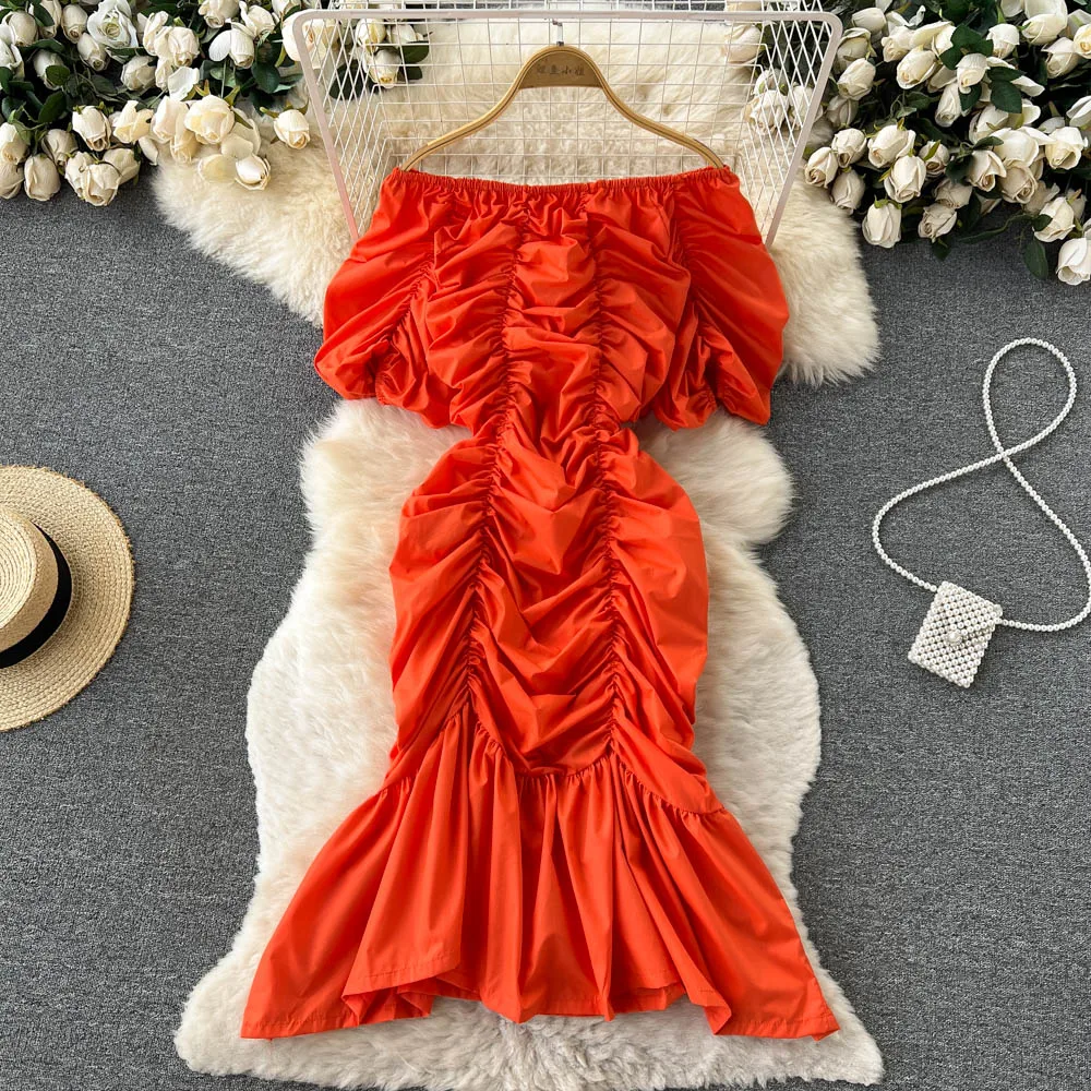 

Women New Fashion Summer Slash Neck Off-the-shoulder Short Sleeve Wrinkled Slim Fishtail Dress Sexy Clothes Vestidos F346