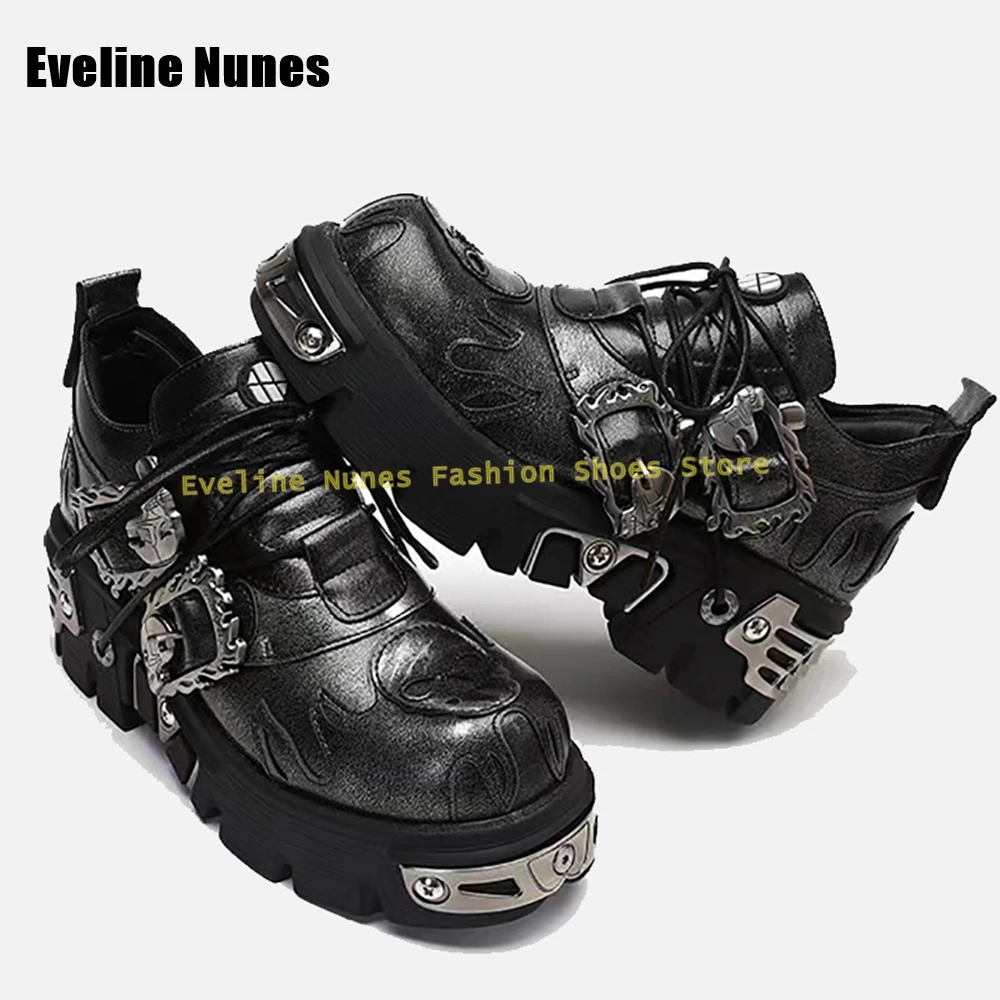 Мужские кожаные туфли с металлической пряжкой и принтом черепа на платформе