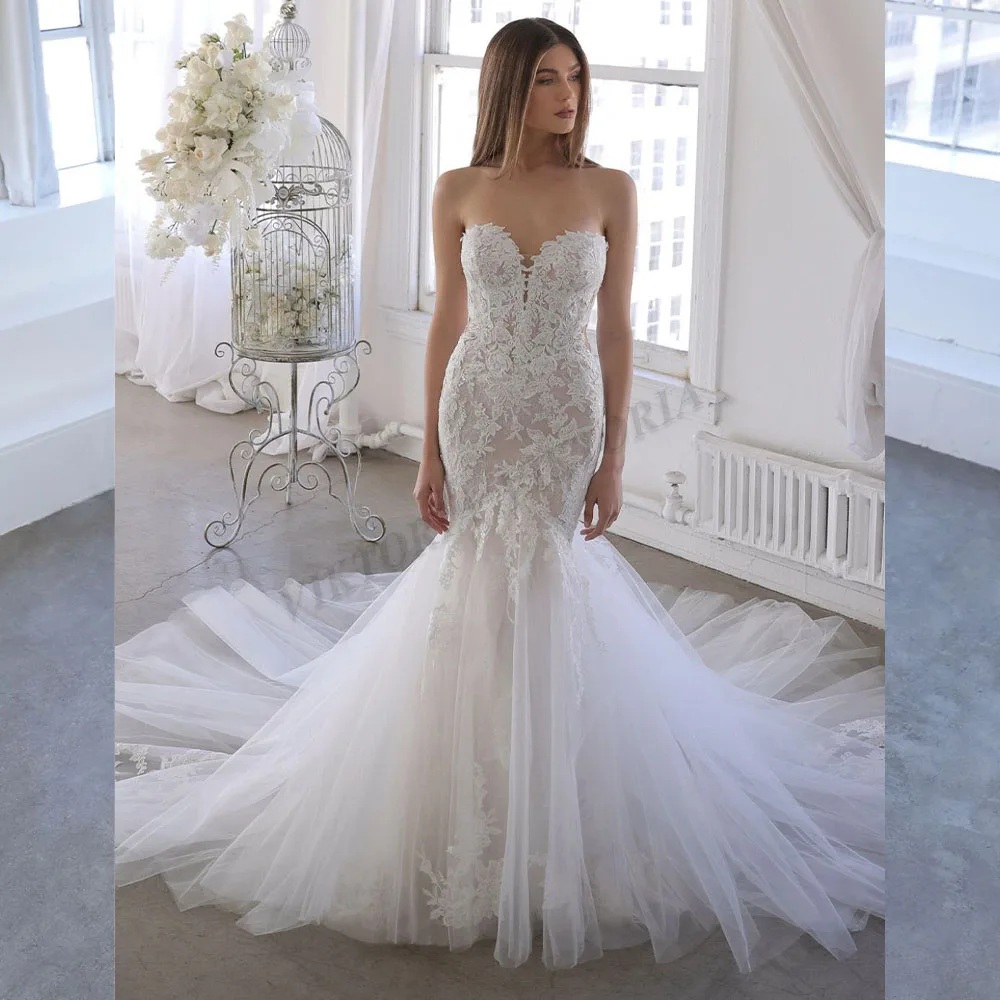 

VIKTORIA Modern Wedding Dresses Sweetheart Custom-Made Court Train Zipper Mermaid Appliques Strapless Robe De Soirée De Mariage