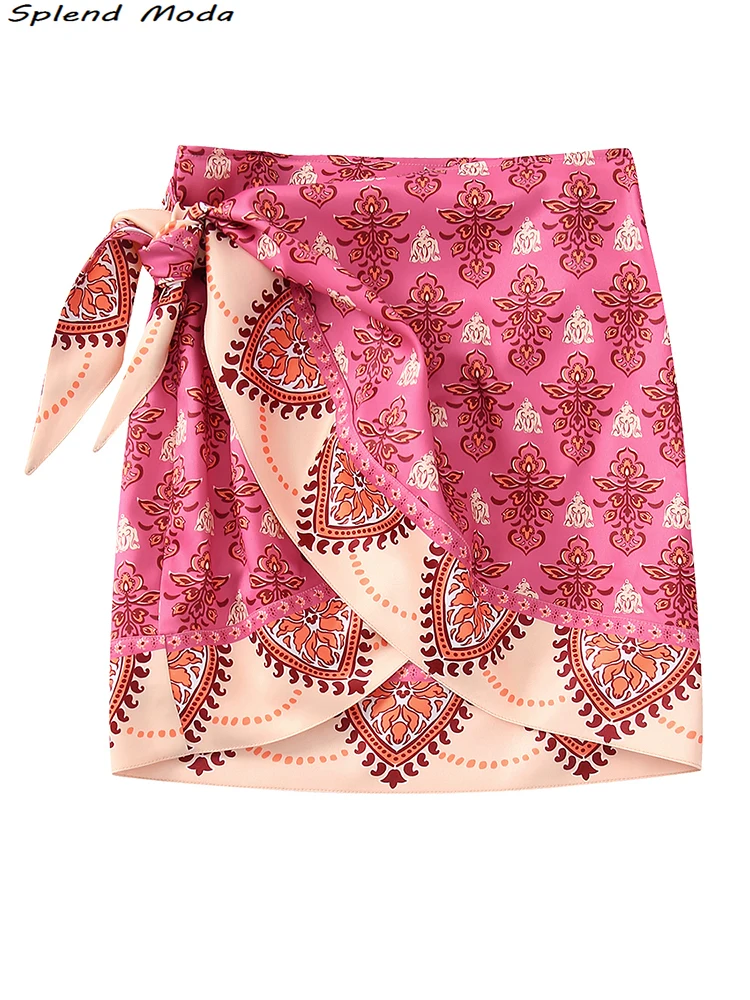 

2022 Za Women Summer Fashion Bohemian Vintage Floral Print Mini Skirt Holiday High Waist Short Wrap Skirts Faldas De Moda